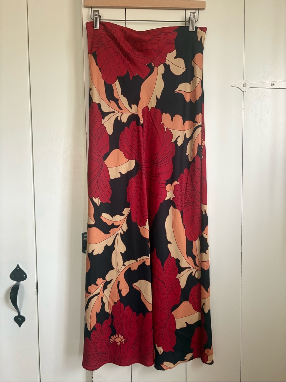 Red & Peach Floral Maxi Skirt on Black Background